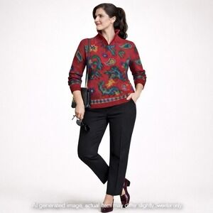 Monsoon Womens Wool Handknit Oversized Sweater M Red Folk Art Paisley Vintage